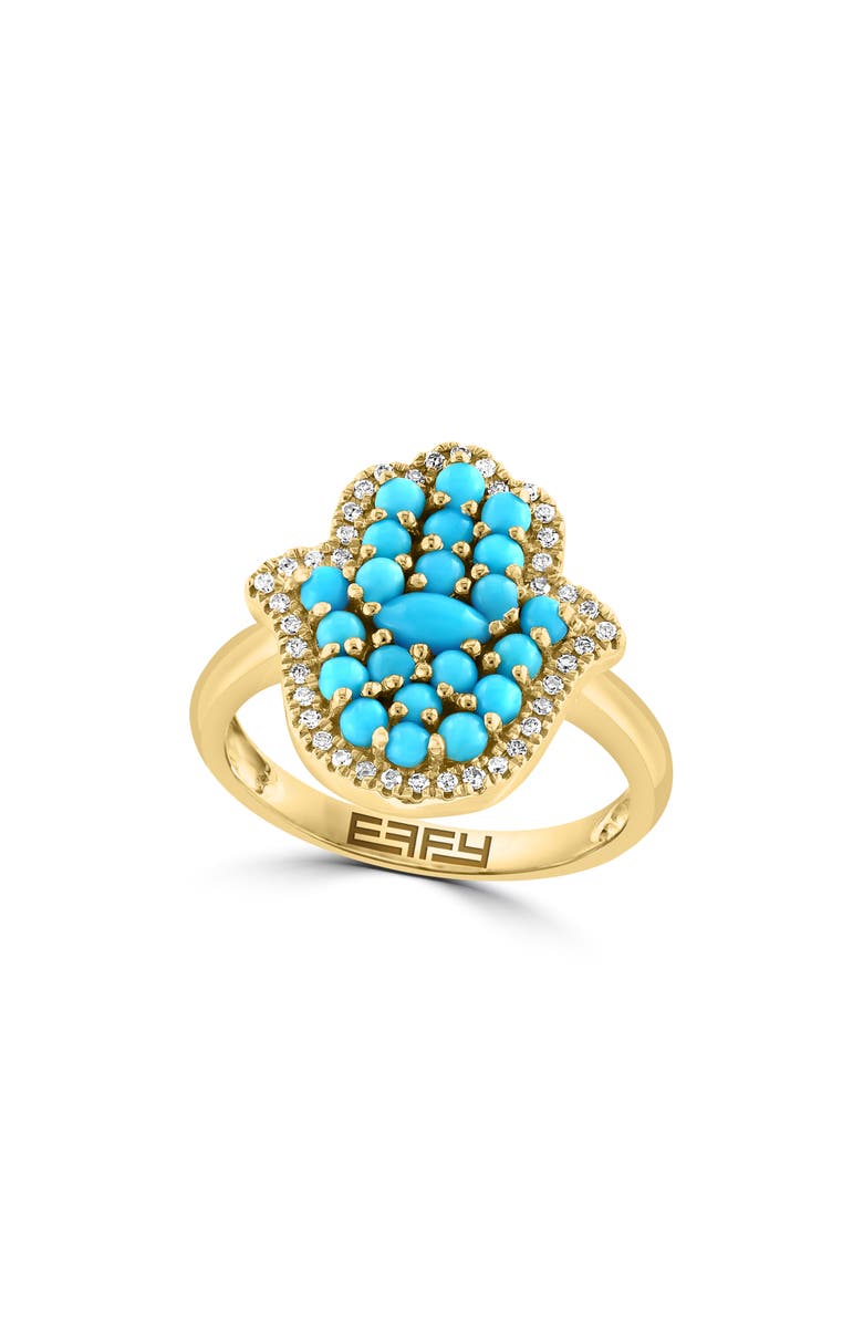 EFFY 14K Yellow Gold Hamsa Hand Turquoise & Diamond Ring, Main, color,
