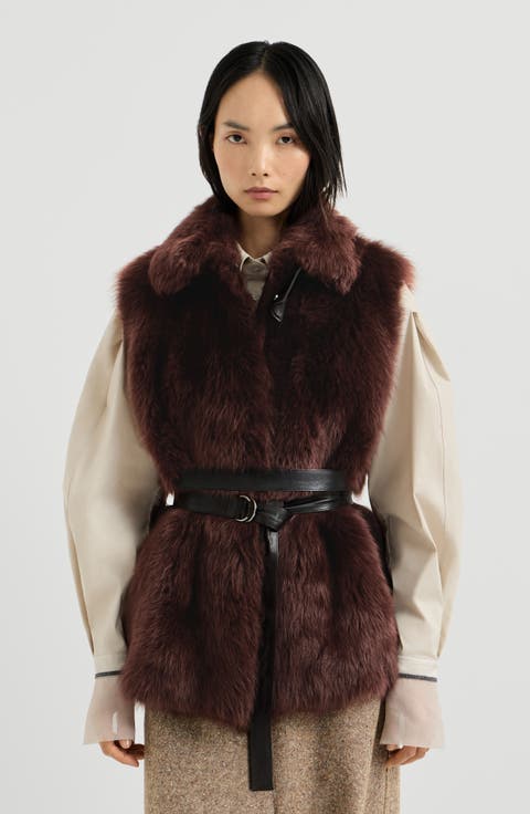 Lux shearling vest with nappa leather belt and monili