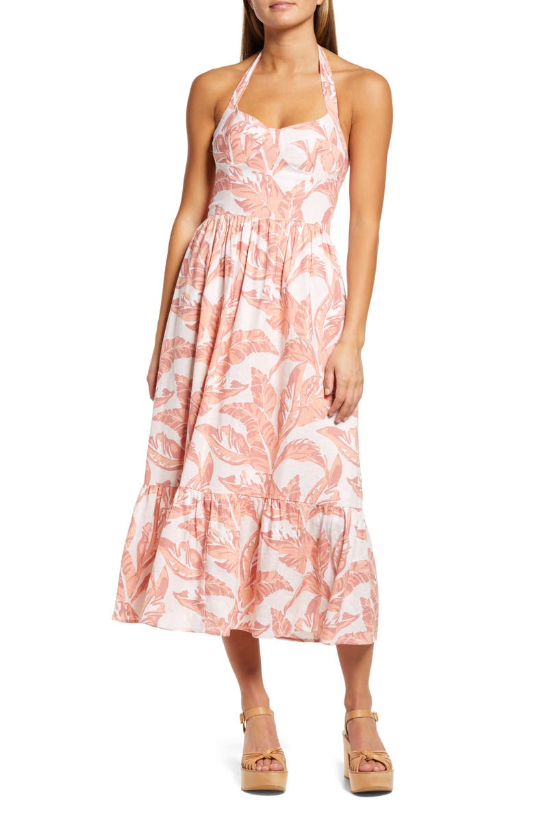 Bardot Tropica Halter Neck Linen Blend Midi Dress, Main, color, 