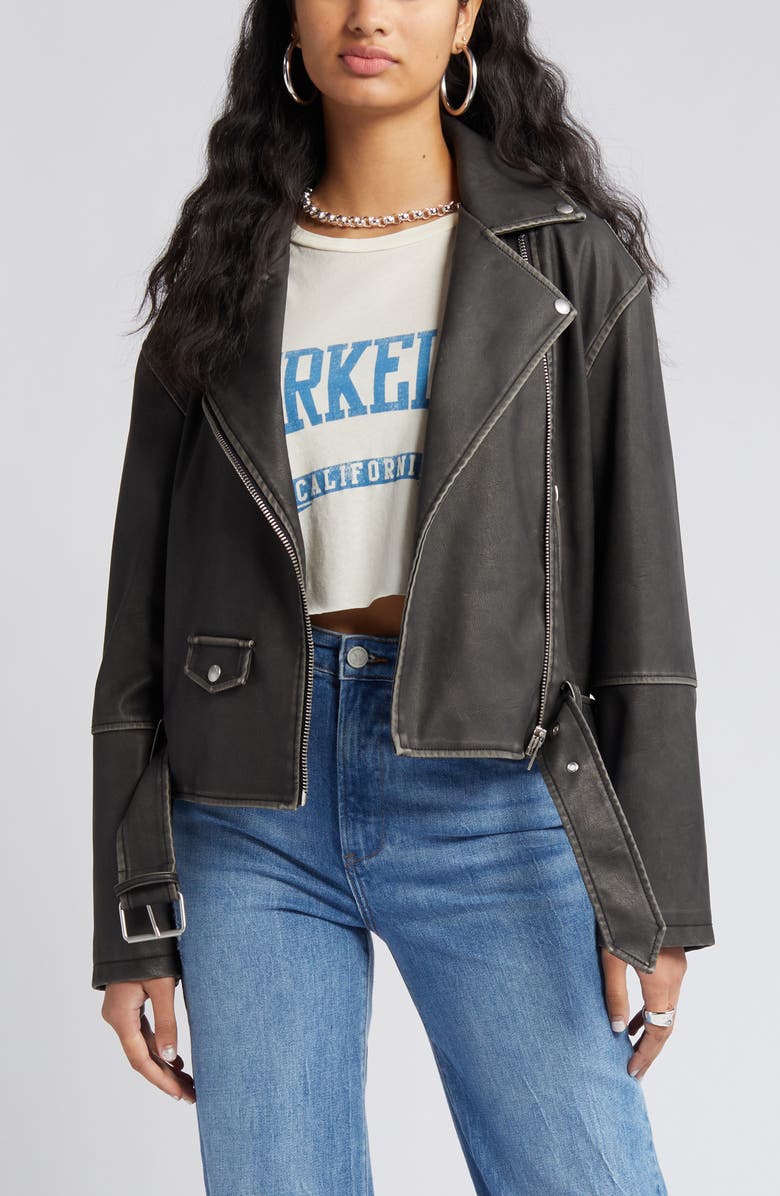 BLANKNYC Distressed Belted Faux Leather Moto Jacket, Alternate, color, 
