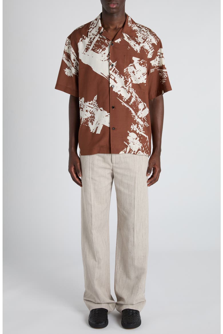 Postcard Print Silk Blend Camp Shirt, Alternate, color, 2154 PECAN/ DOVE