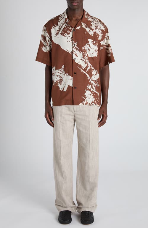 Bottega Veneta Postcard Print Silk Shantung Short Sleeve Shirt In Brown