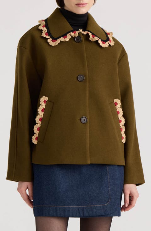 Crochet Trim Faux Wool Jacket