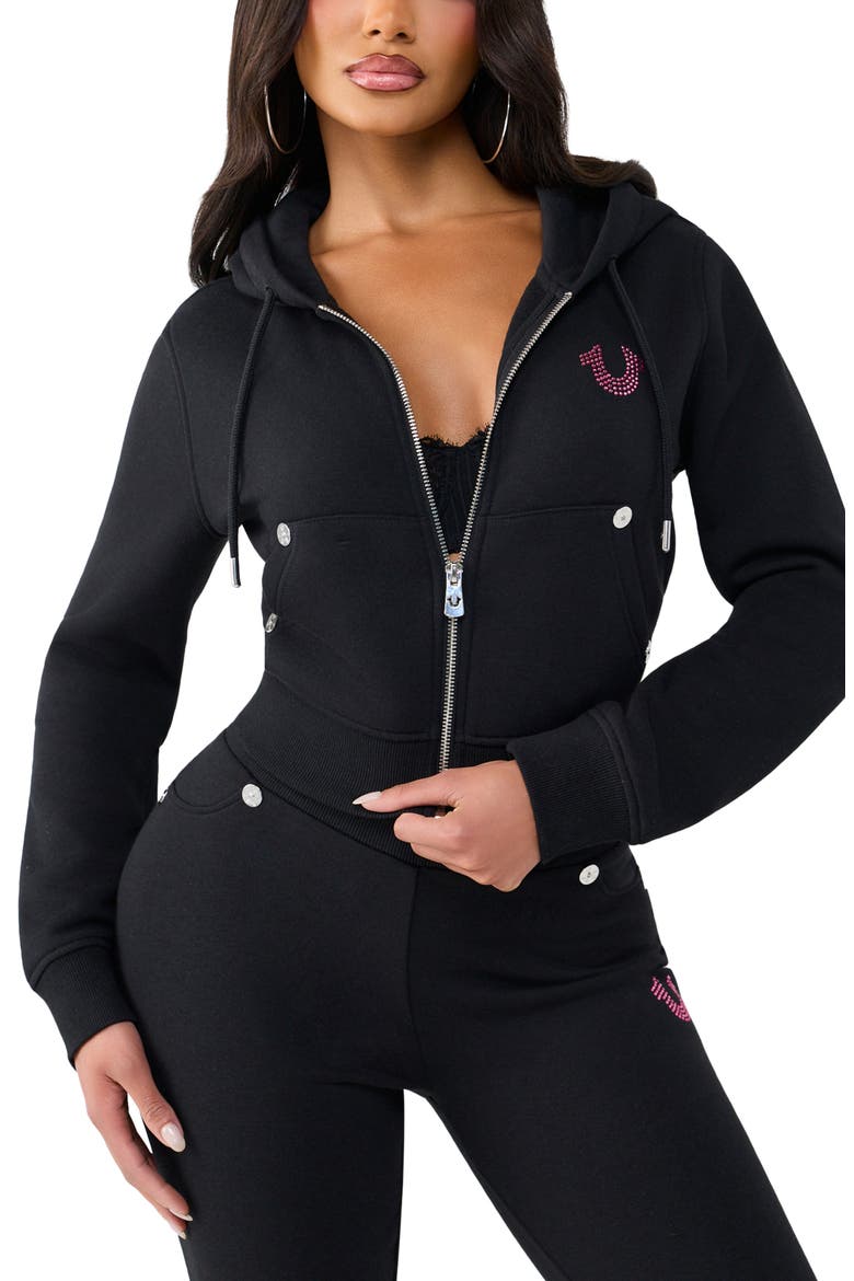 Crystal Logo Shrunken Full Zip Hoodie, Main, color, JET BLACK