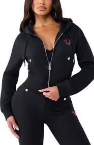 True Religion Crystal Logo Shrunken Full Zip Hoodie