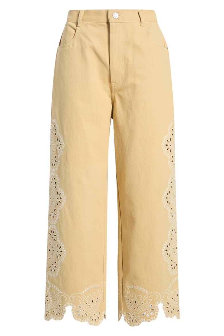 Jules Eyelet Embroidered Mid Rise Crop Straight Leg Pants, Main, color, CAMEL