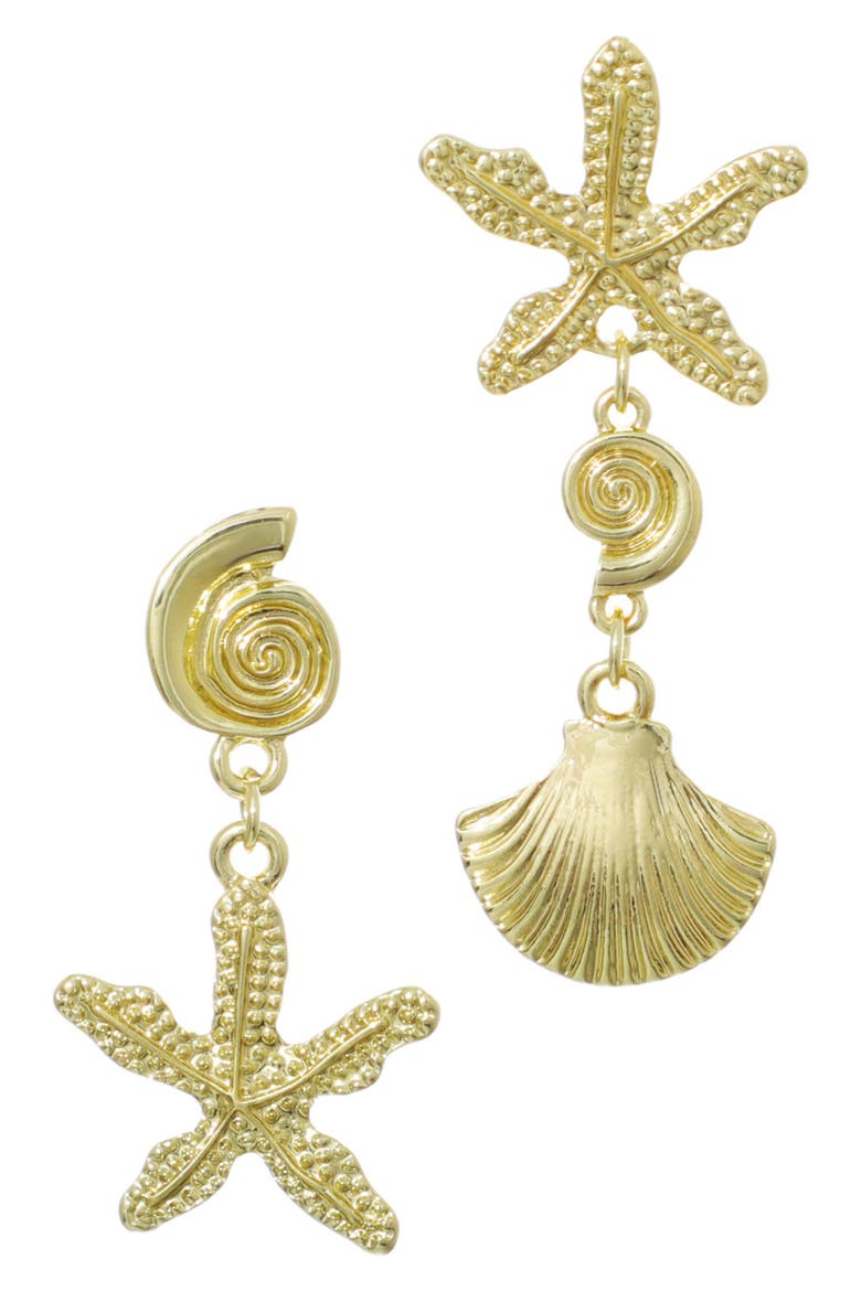 Starfish & Shell Mismatched Drop Earrings, Main, color, GOLD