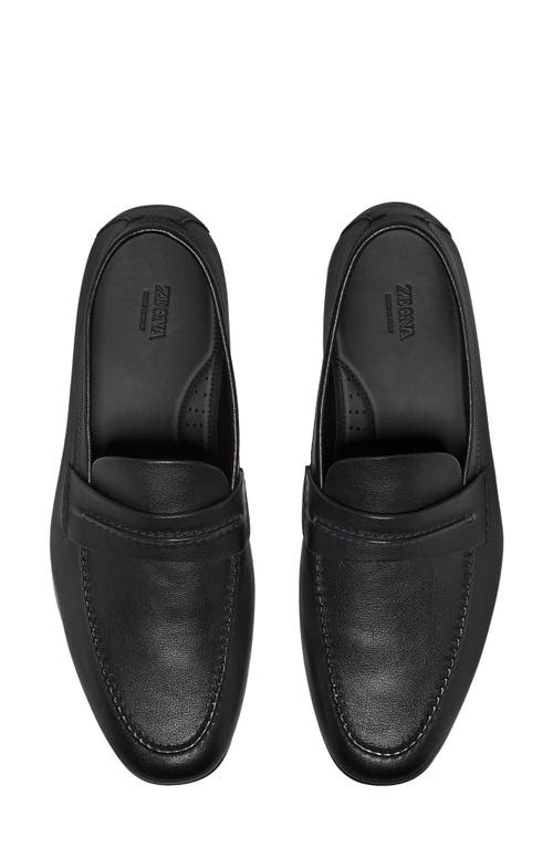 Zegna Black Natural Grain Leather Mocassin Loafer In Black Solid
