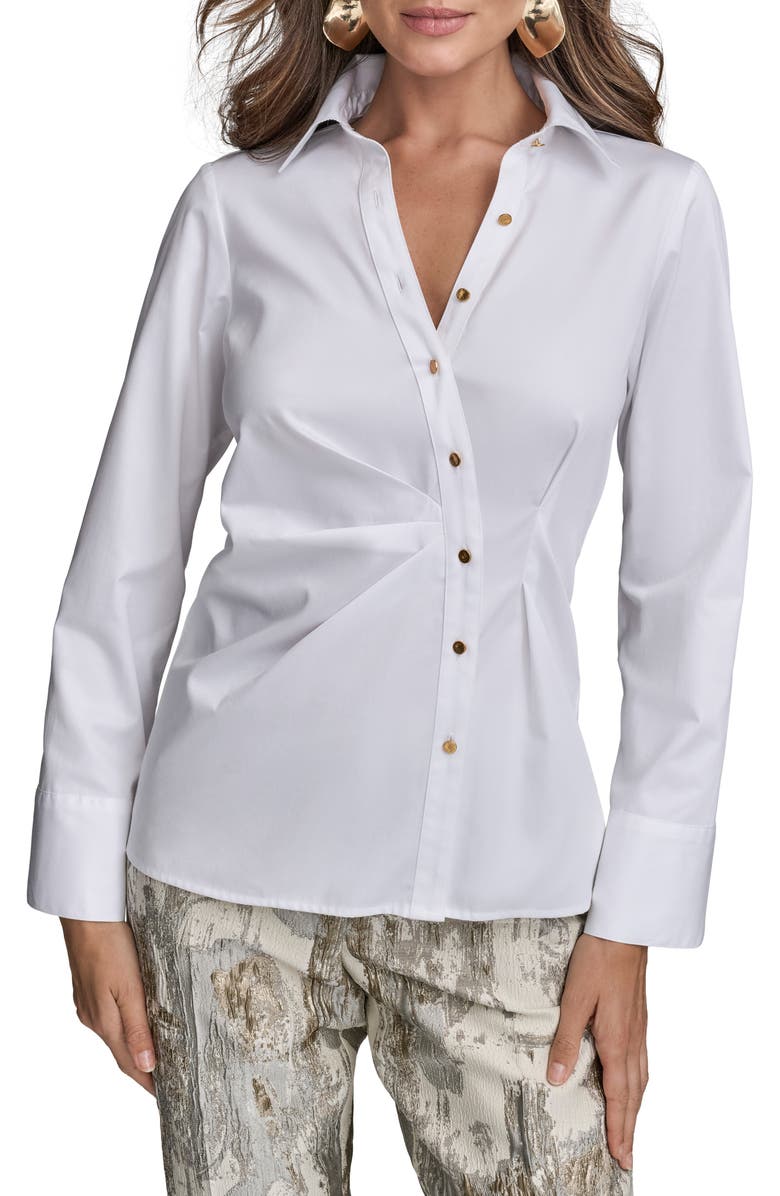 Donna Karan New York Ruched Asymmetric Cotton Button-Up Shirt, Main, color, 