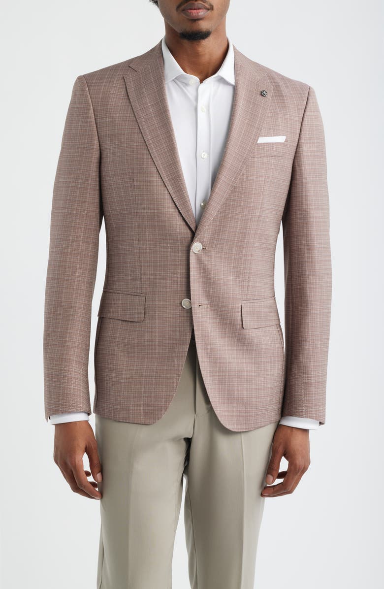 BOSS Hutson Slim Fit Red & Tan Plaid Slub Wool Sport Coat, Main, color, Medium Red