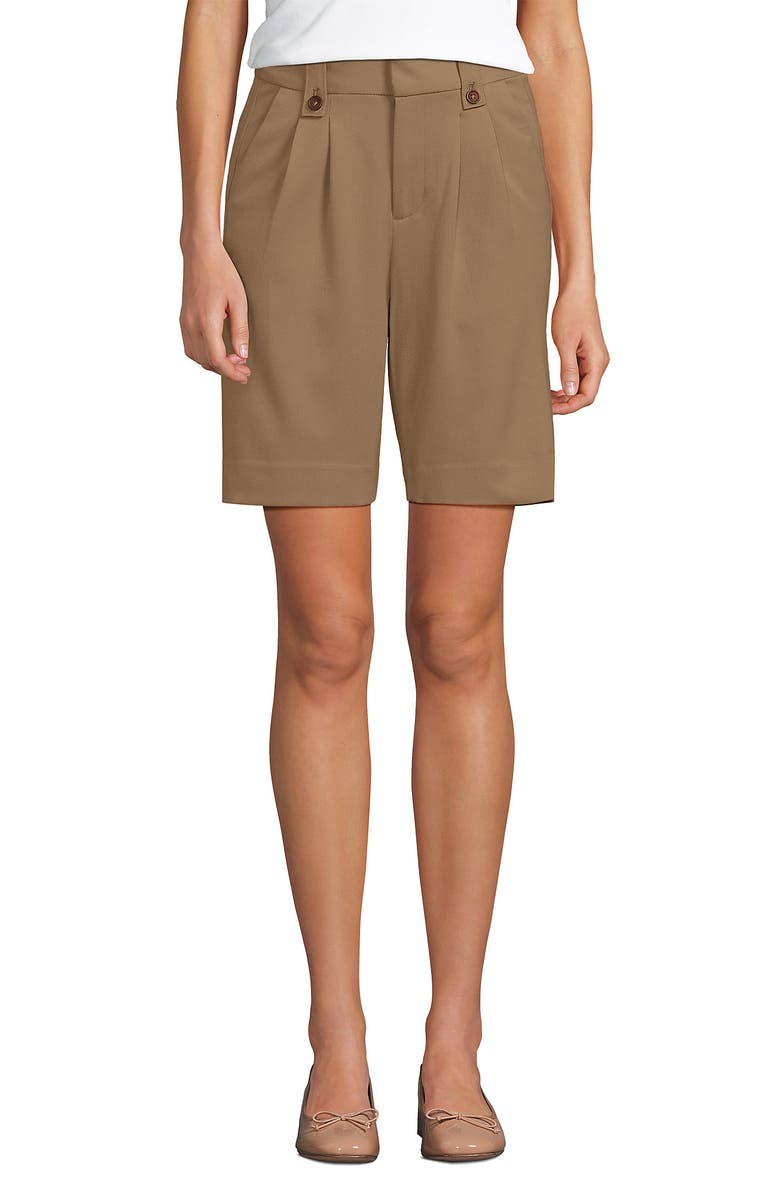 Lands' End Stretch Poly Rayon High Rise Pleated 10" Shorts, Main, color, Rich Camel