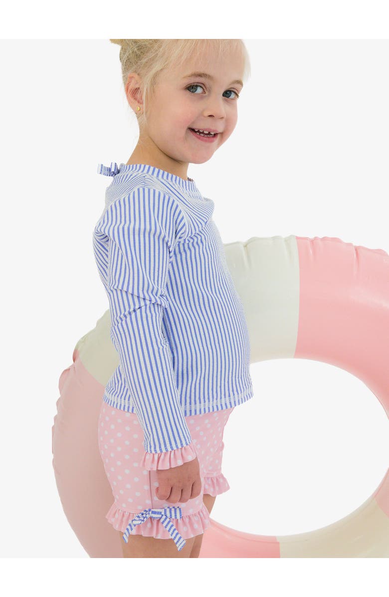 RuffleButts UPF50+ Seersucker Long Sleeve Rash Guard Ruffle Shorts 2-Piece Swimsuit, Alternate, color, Periwinkle Blue Seersucker