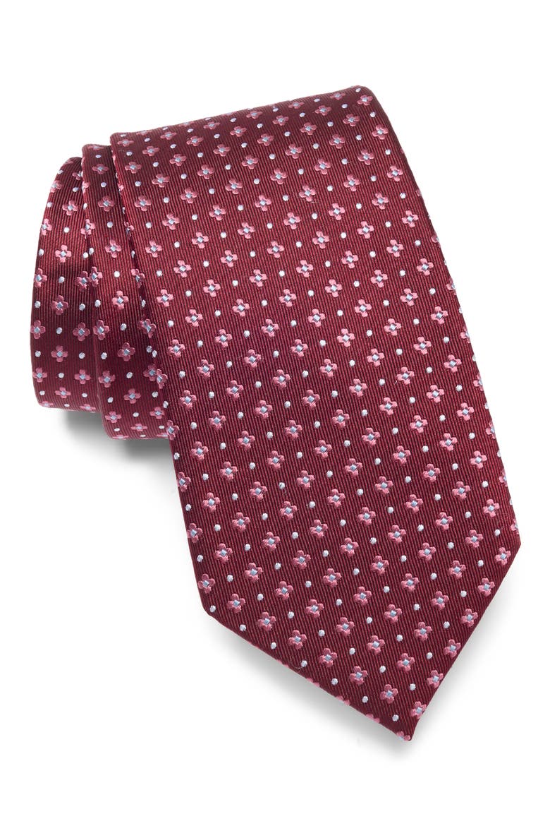 Floral Neat Silk Tie, Main, color, BURGUNDY