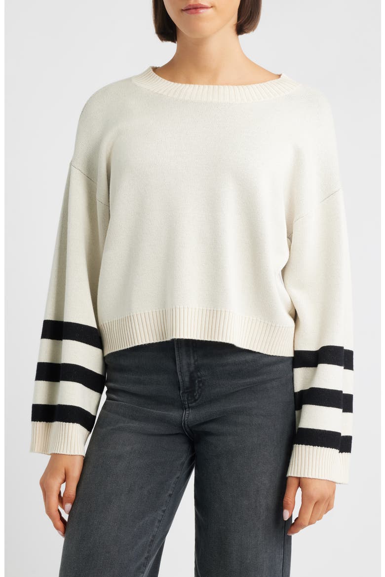 Crop Stripe Sleeve Sweater, Main, color, SAND