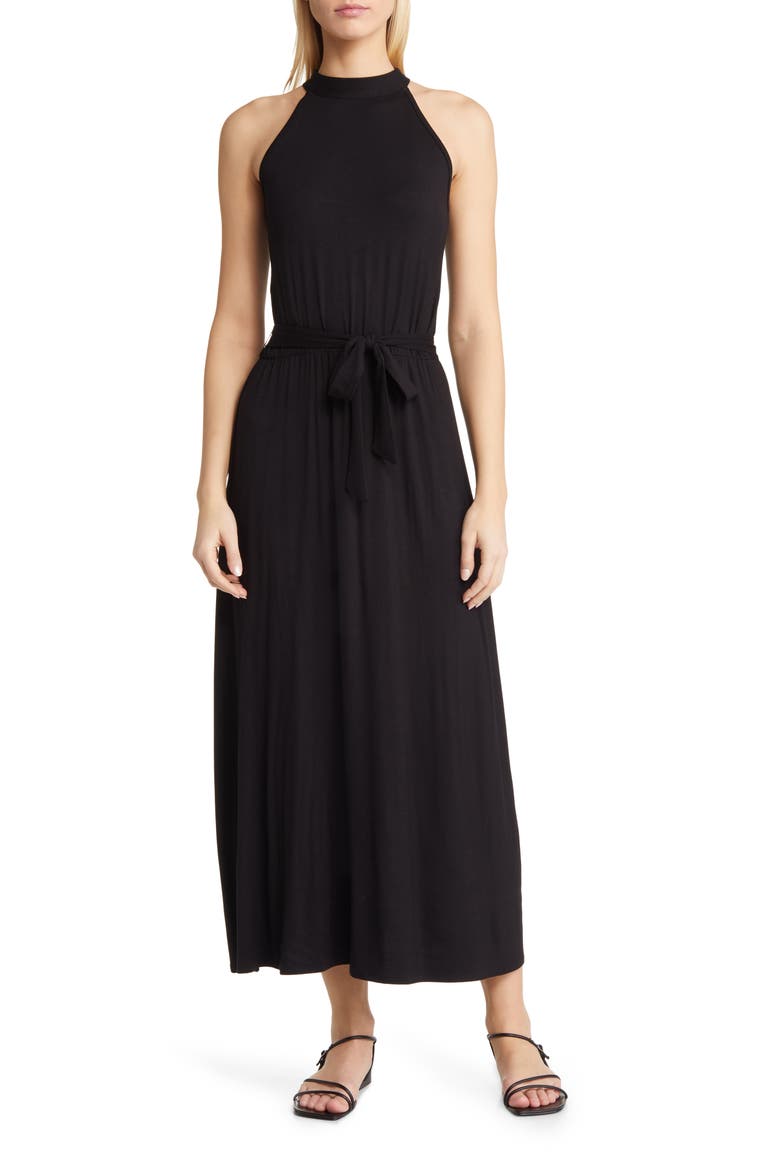 Tie Waist Halter Maxi Dress, Main, color, BLACK