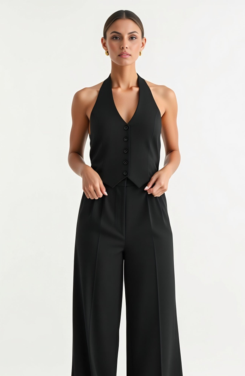 Modenaire Button-Detail Halter Vest and Wide-Leg Pocket Pants Set, Alternate, color, Black