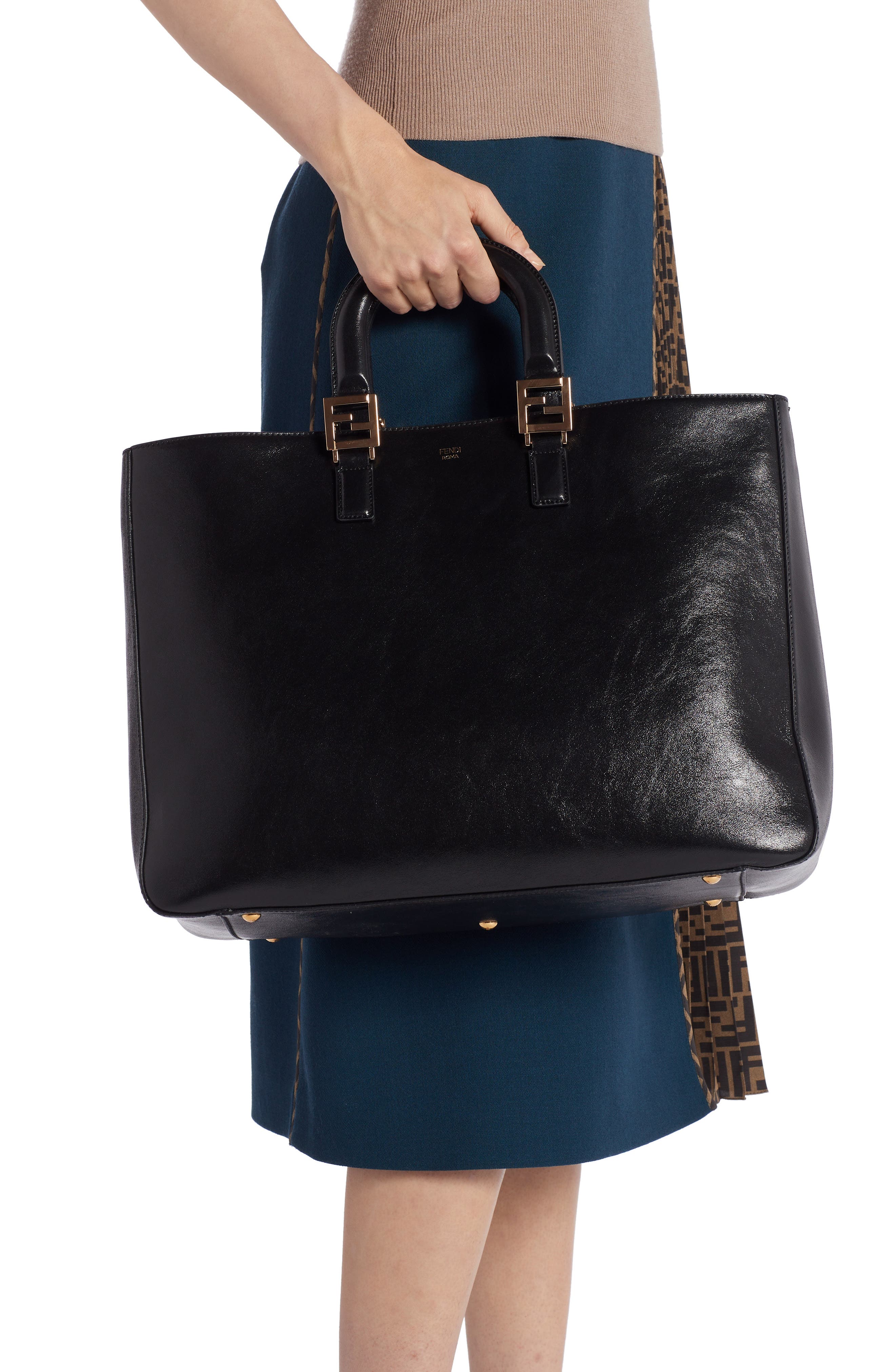 Fendi Medium FF Top Handle Leather Tote, Alternate, color, 