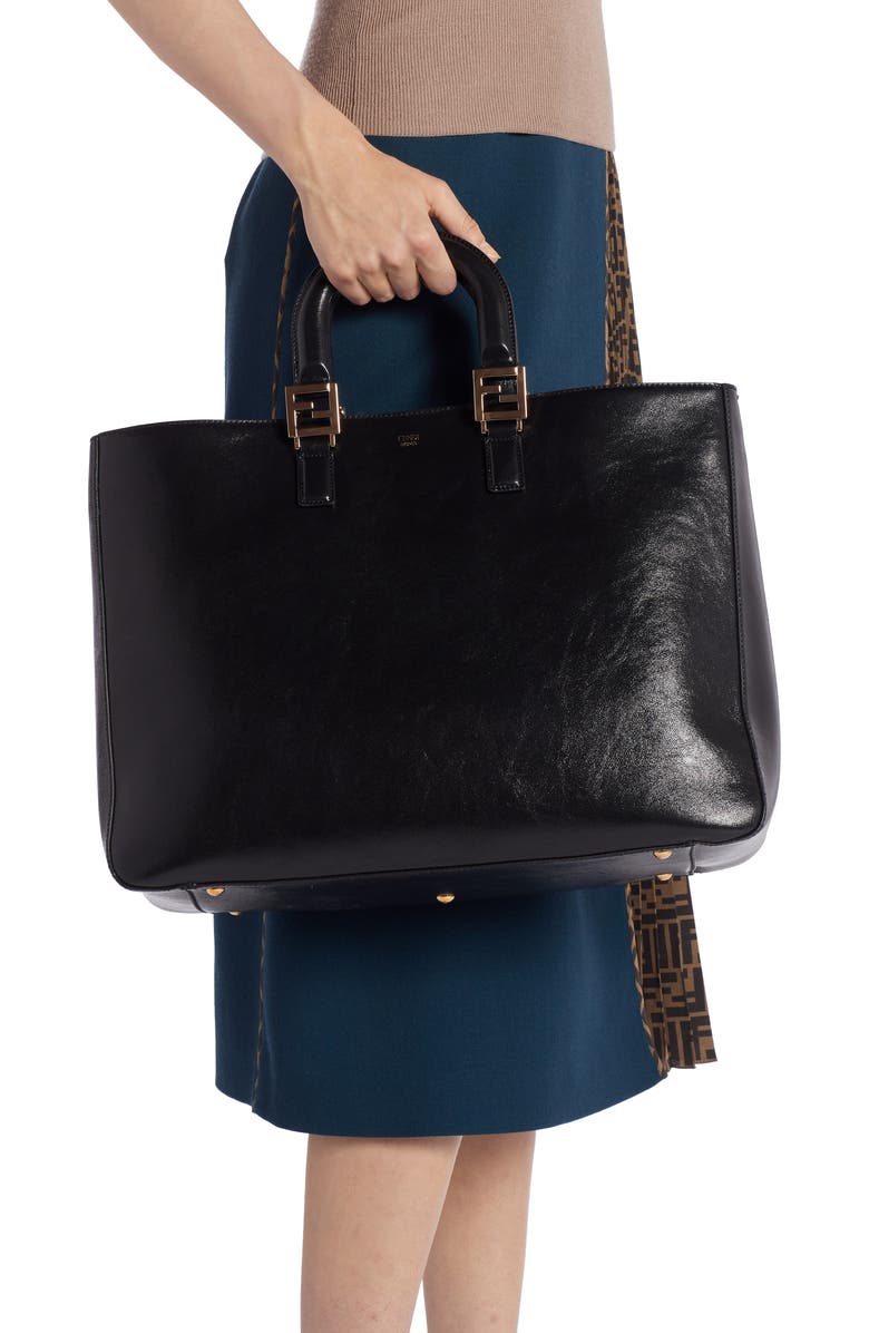 Fendi Medium FF Top Handle Leather Tote, Alternate, color,