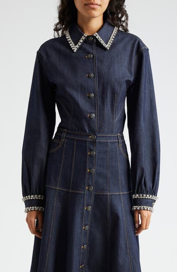 Cinq À Sept Rhinestone Embellished Denim Button-up Shirt