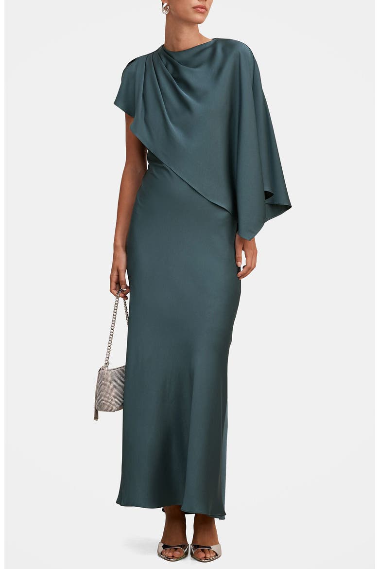 Zinnia Pleated Satin Cape Maxi Gown, Main, color, CRYSTAL TEAL