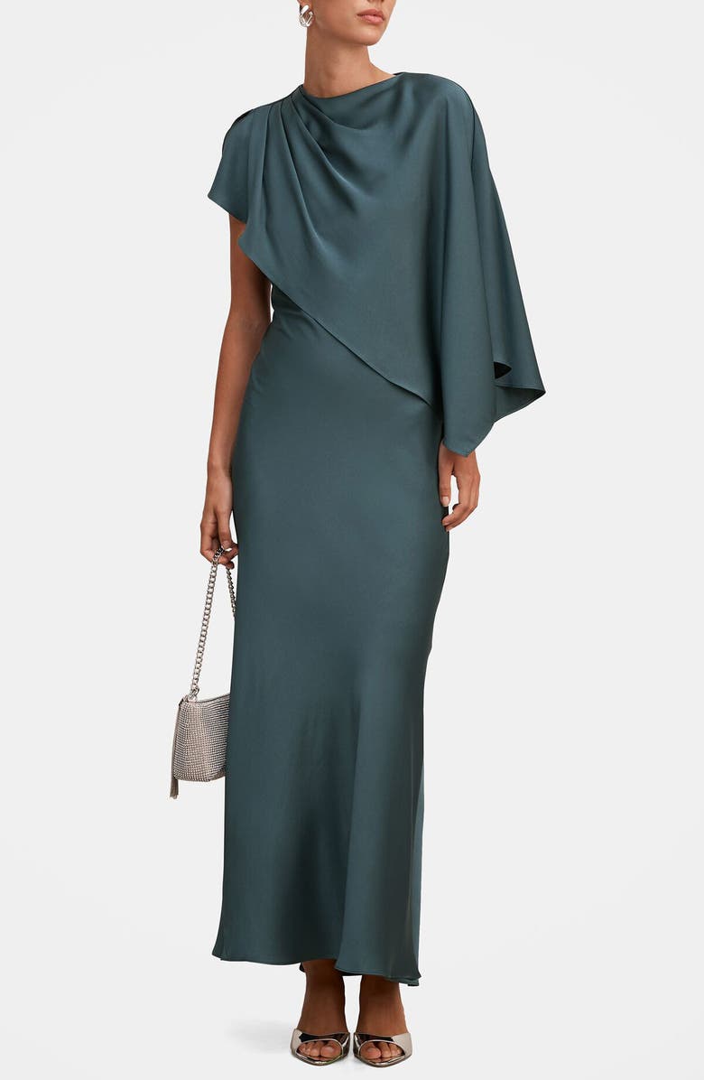 Ever New Zinnia Pleated Satin Cape Maxi Gown, Main, color, Crystal Teal