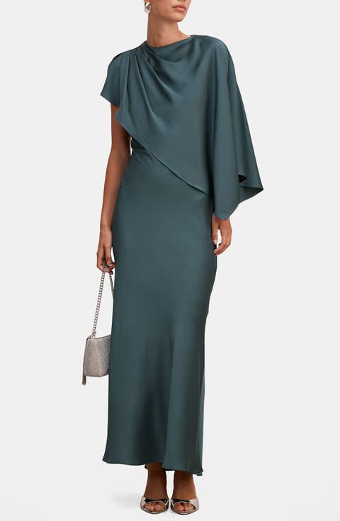 Zinnia Pleated Satin Cape Maxi Gown