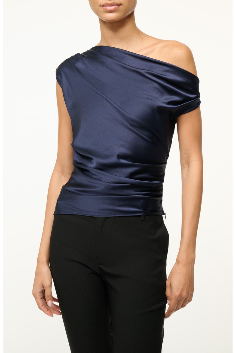 Phare One-Shoulder Stretch Silk Top, Main, color, NAVY