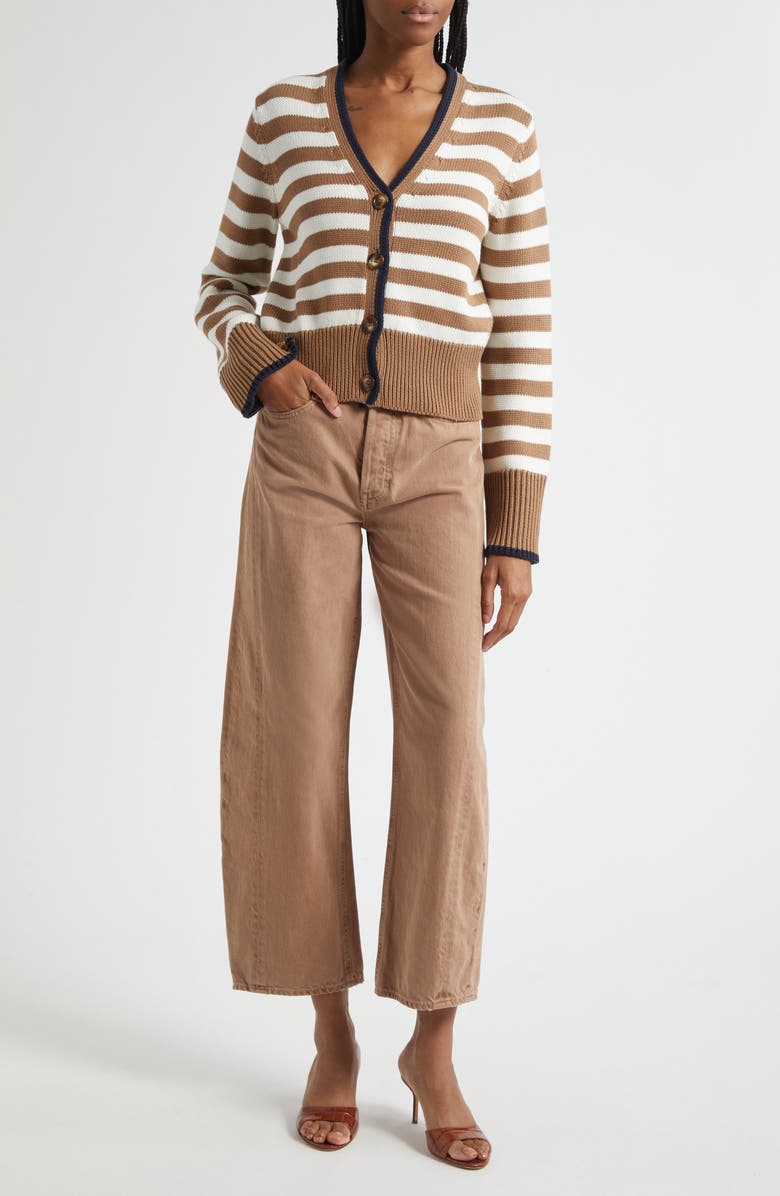 Veronica Beard Monae Stripe Cotton Cardigan, Alternate, color, Dark Acorn Dove