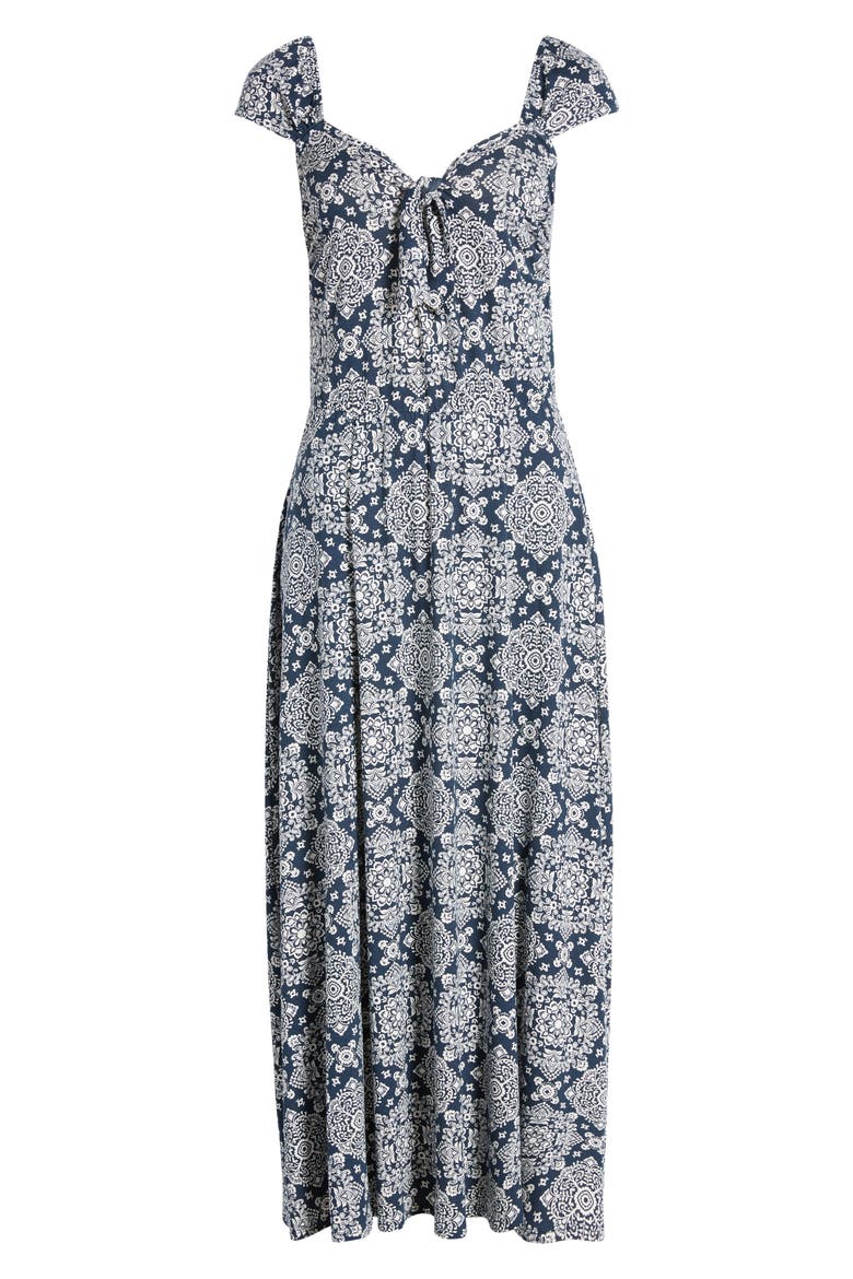 Tie Front Cap Sleeve A-Line Midi Dress, Alternate, color, NAVY/ IVORY