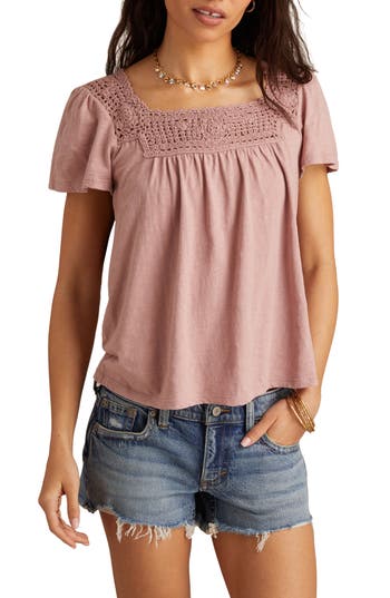 Lucky Brand Open Stitch Trim Cotton Top In Multi