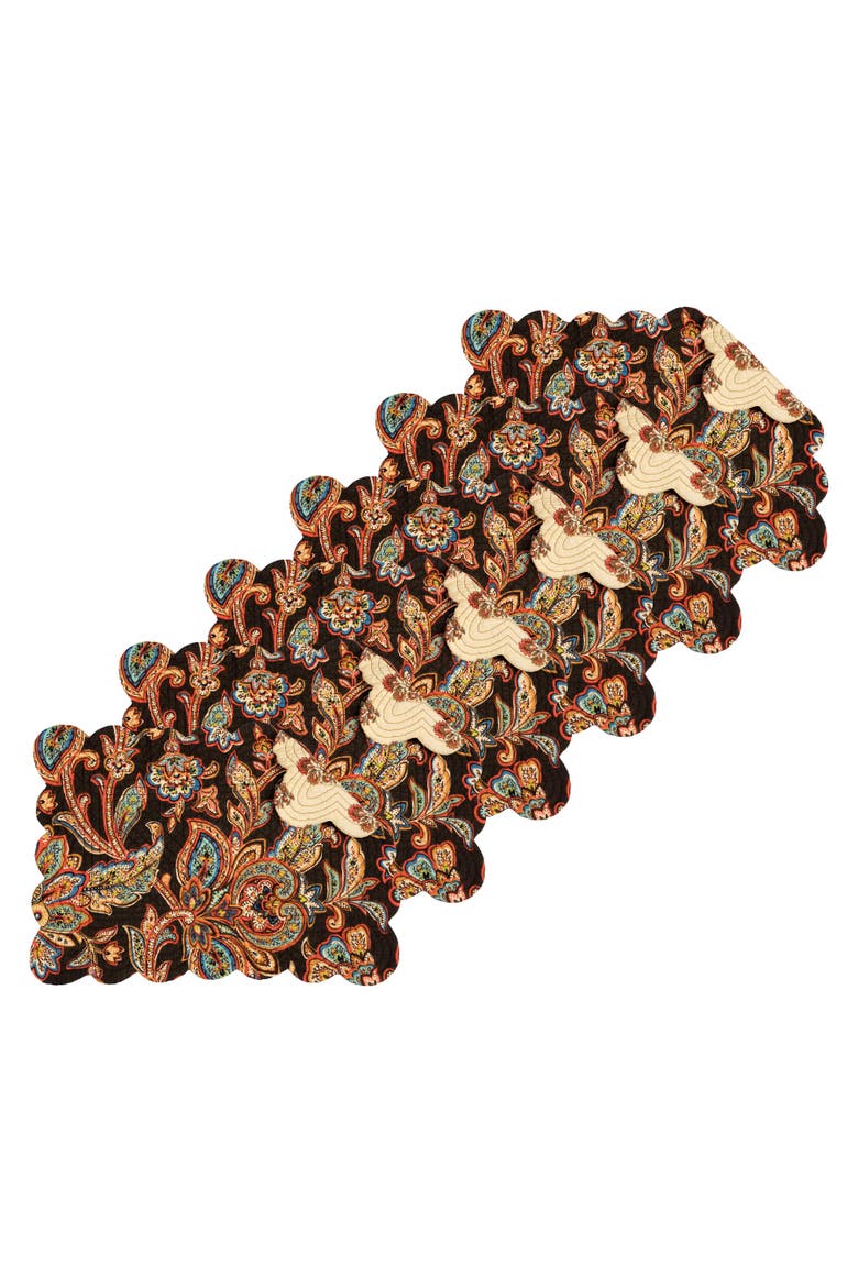 Dorothy Autumnal Brown Quilted Scalloped Paisley Floral Placemats Set of 6, 13" x 19", Main, color, Black