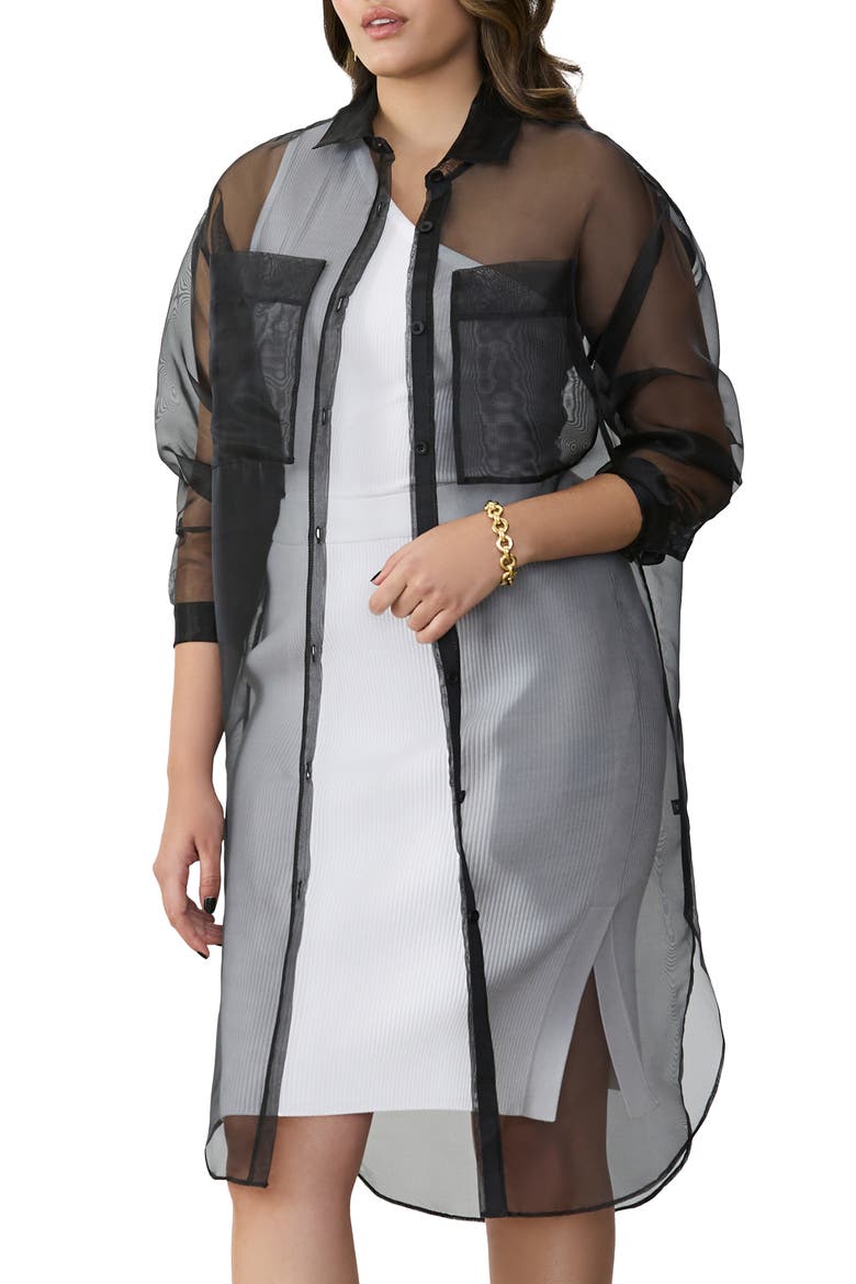 Sheer Button-Up Tunic, Main, color, BLACK