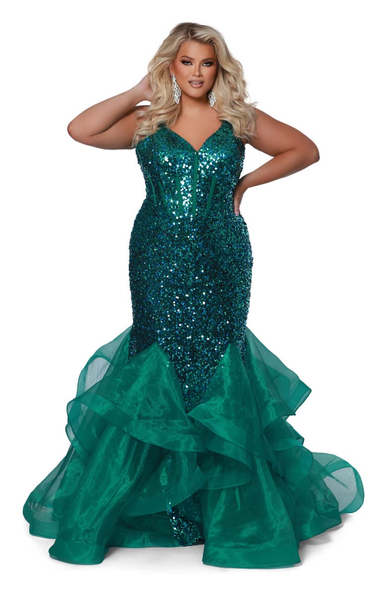 Johnathan Kayne for Sydney's Closet Sequin Mermaid Plus Size Evening Gown, Main, color, Peacock