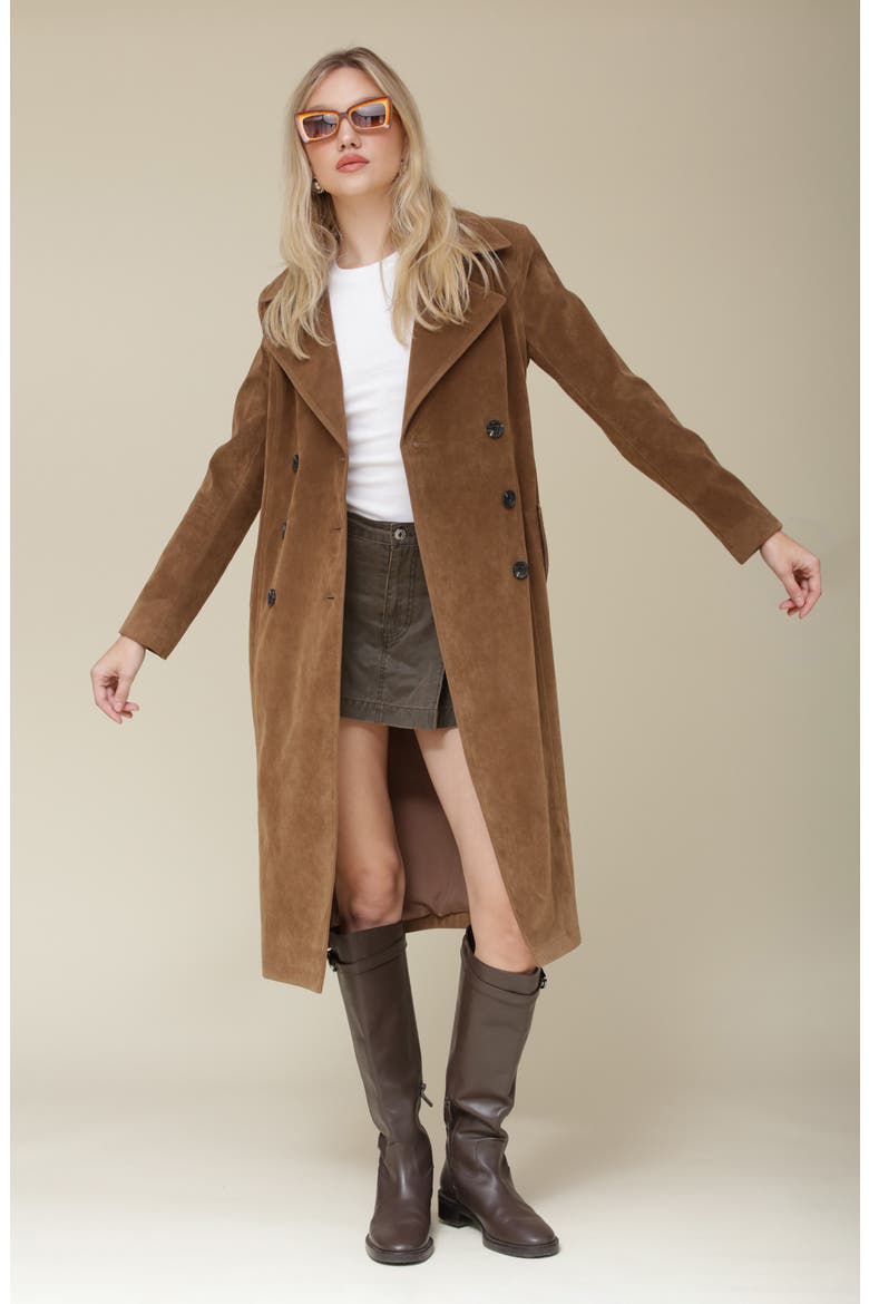 Faux Suede Double Breasted Belted Coat, Alternate, color, WOOD