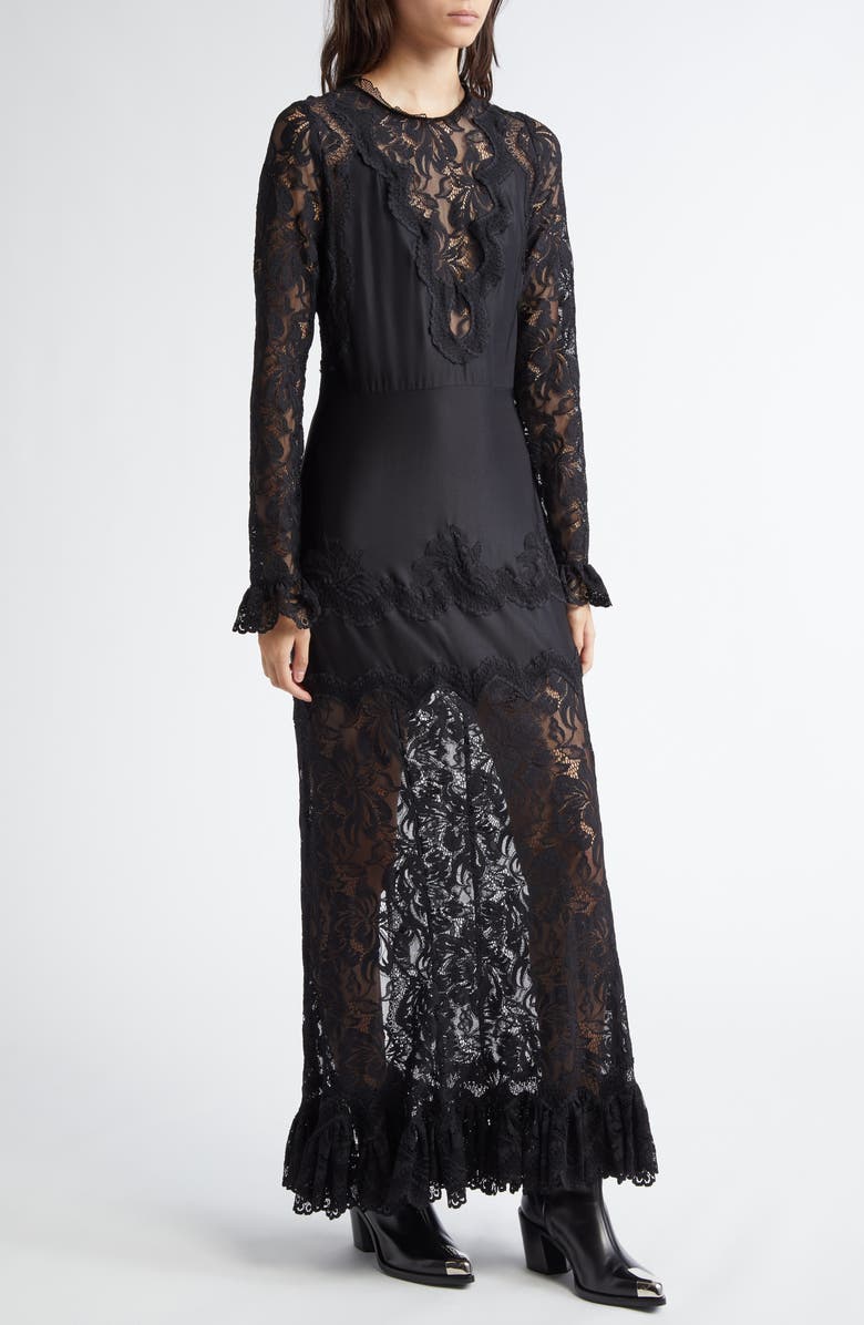 Rabanne Floral Lace Long Sleeve Satin Maxi Dress, Alternate, color, 