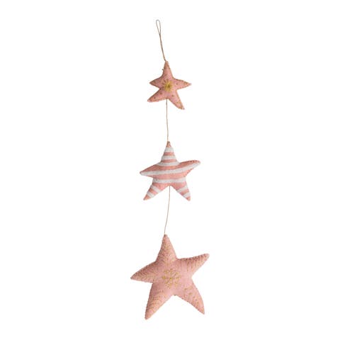 Wool Felt Stars Hanging with Metallic Thread Embroidery, Blush & Cream Color