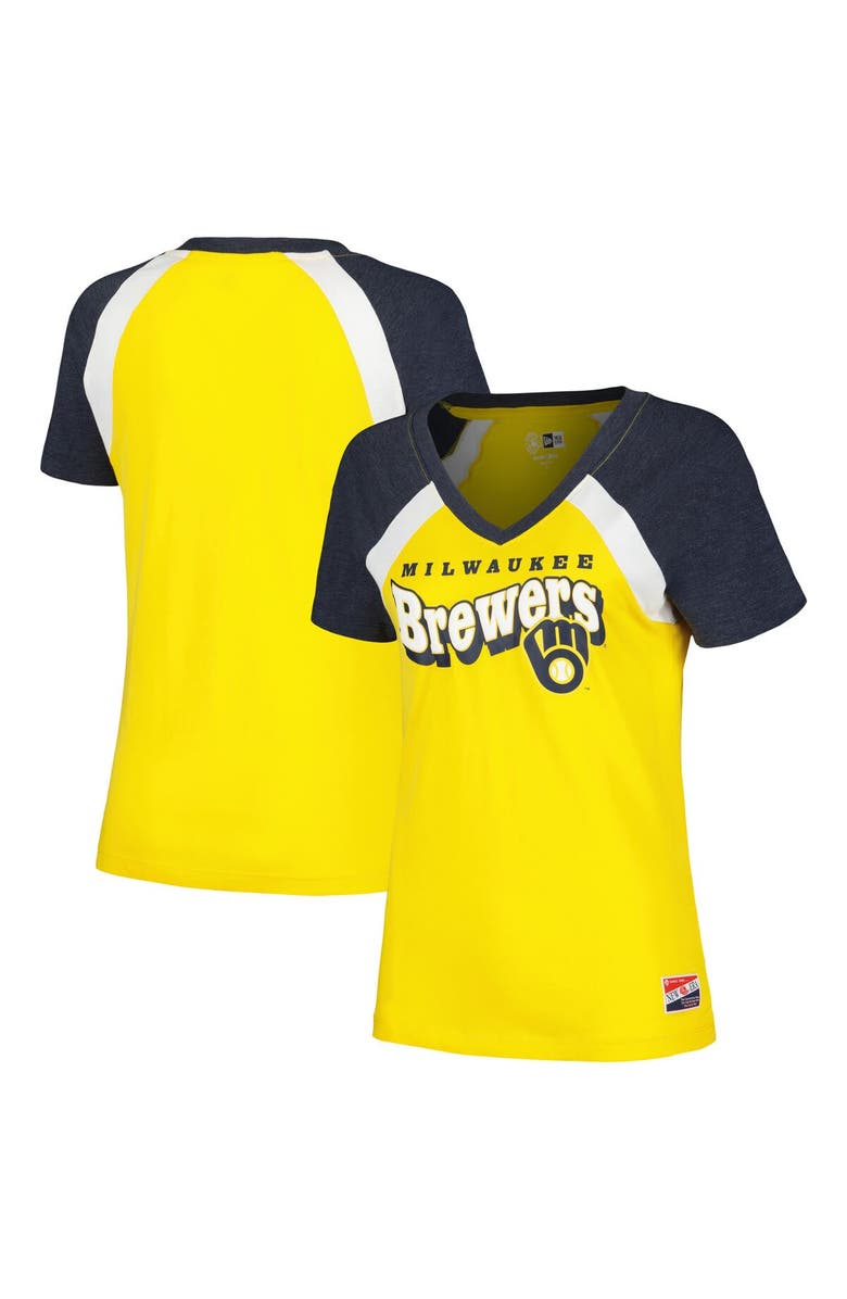 New Era Women's New Era Gold Milwaukee Brewers Heathered Raglan V-Neck T-Shirt, Alternate, color, 