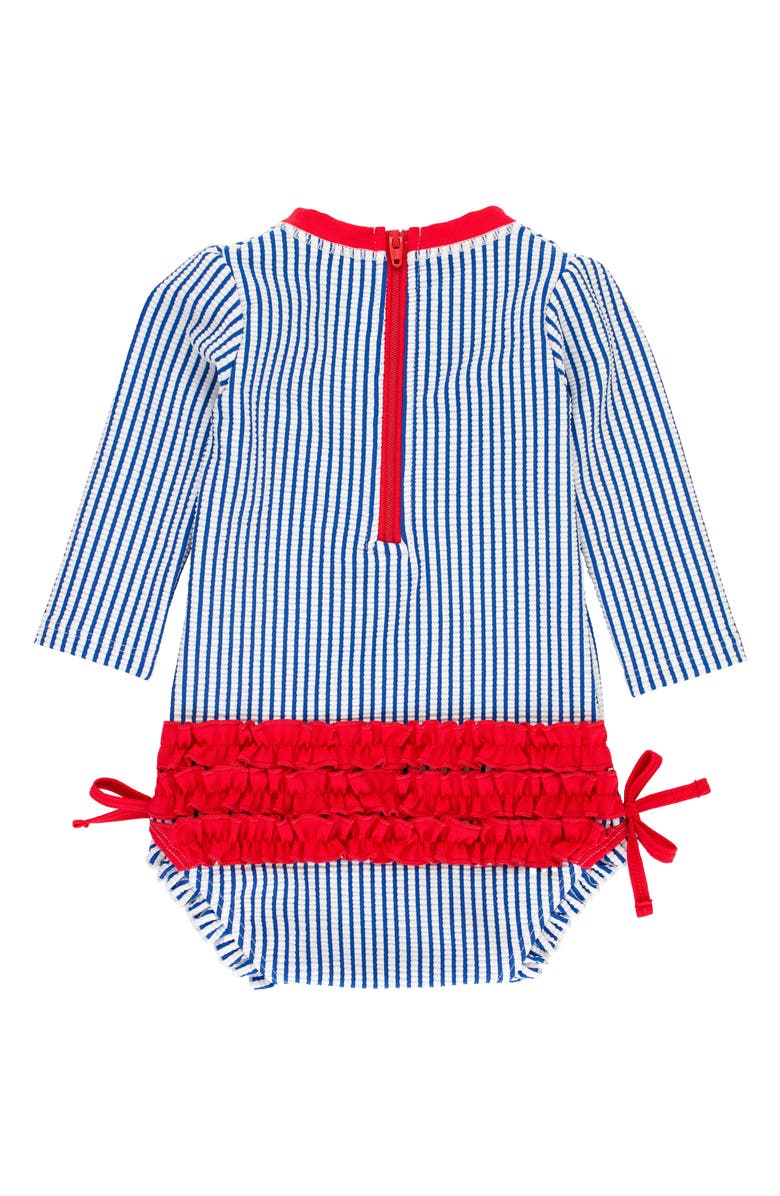 RuffleButts Seersucker Long Sleeve One-Piece Swimsuit, Alternate, color, Blue Seersucker