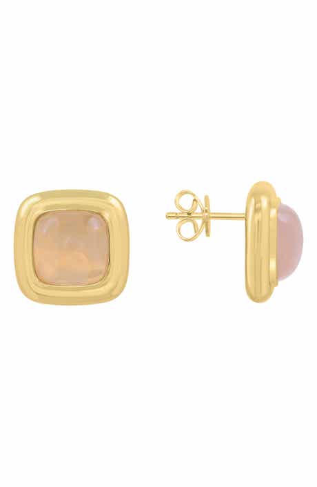 Cushion Pink Stone Goldtone Plated Silver Stud Earrings