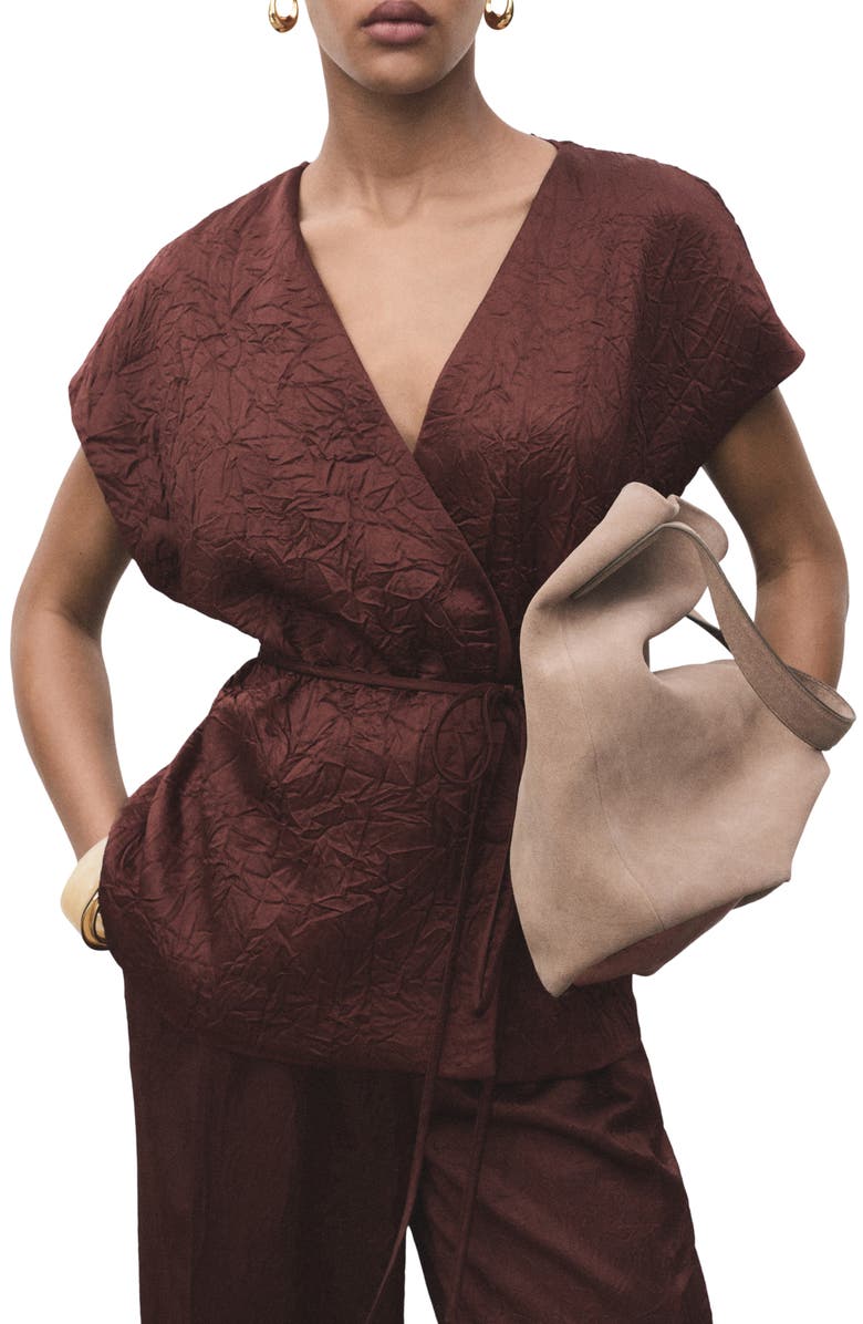 MANGO Double Breasted Crinkled Effect Wrap Jacket, Main, color, Chocolate