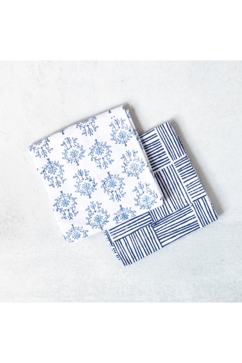 Tea Towel Set - Lotus & Stripe, Alternate, color, Navy