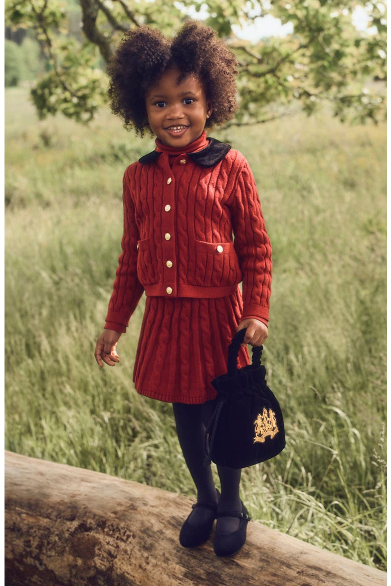 Kids' Velvet Trim Cotton Cable Knit Cardigan, Alternate, color, RED