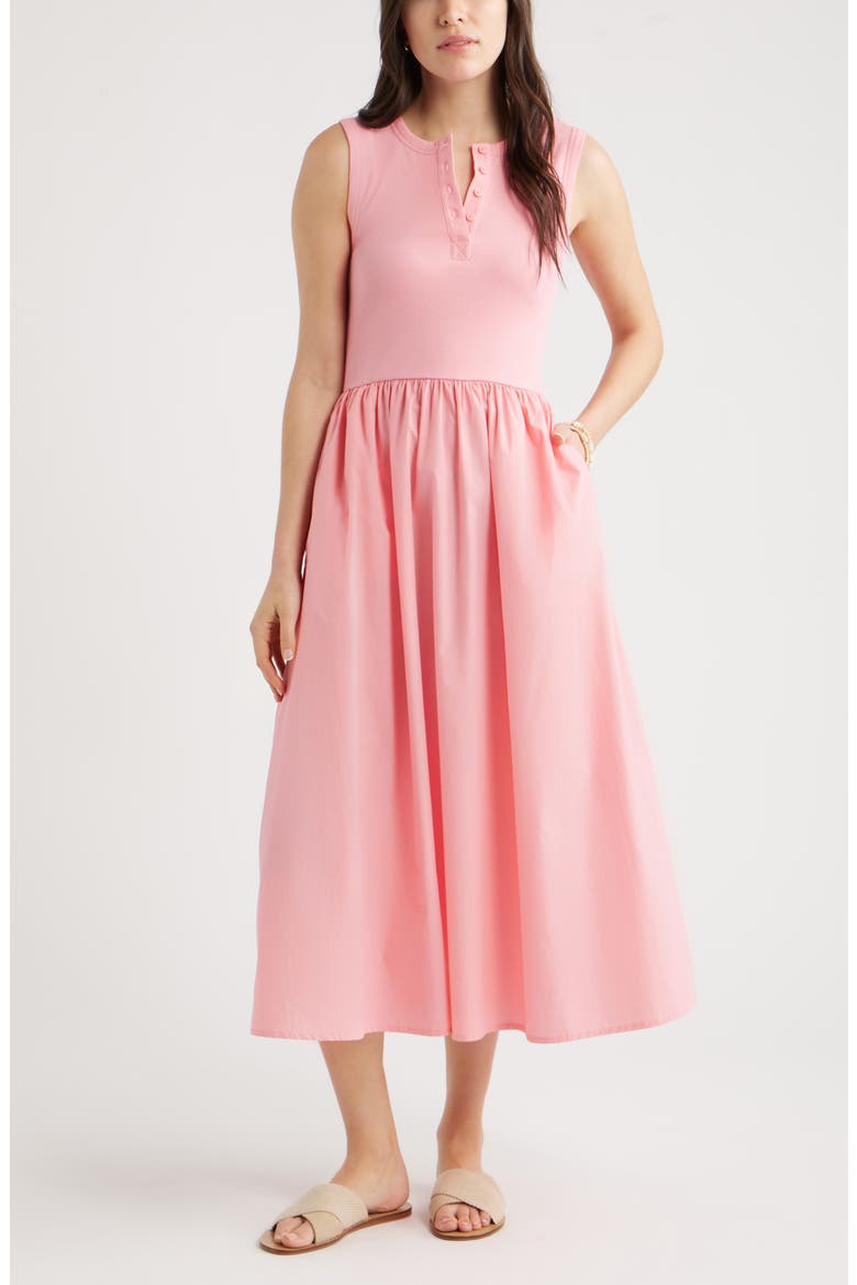 Sleeveless Mixed Media Midi Dress, Main, color, PINK DIANTHUS