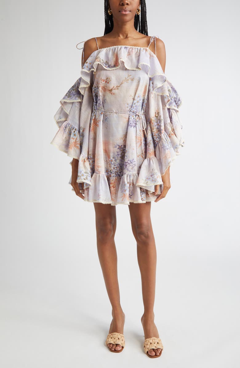 Zimmermann Cascadian Floral Print Ruffle Minidress, Main, color, Lilac Botanical Floral