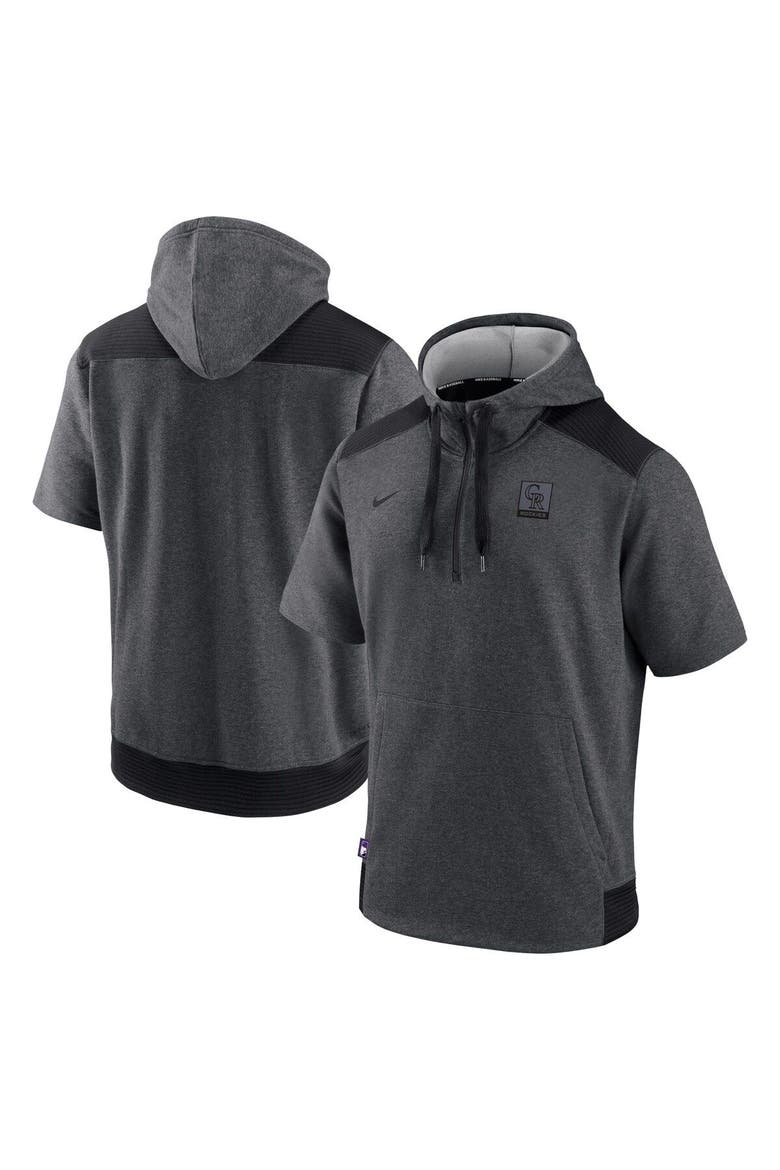 Men's Nike Heathered Charcoal/Black Colorado Rockies Authentic Collection Dry Flux Performance Quarter-Zip Short Sleeve Hoodie, Main, color, Charcoal
