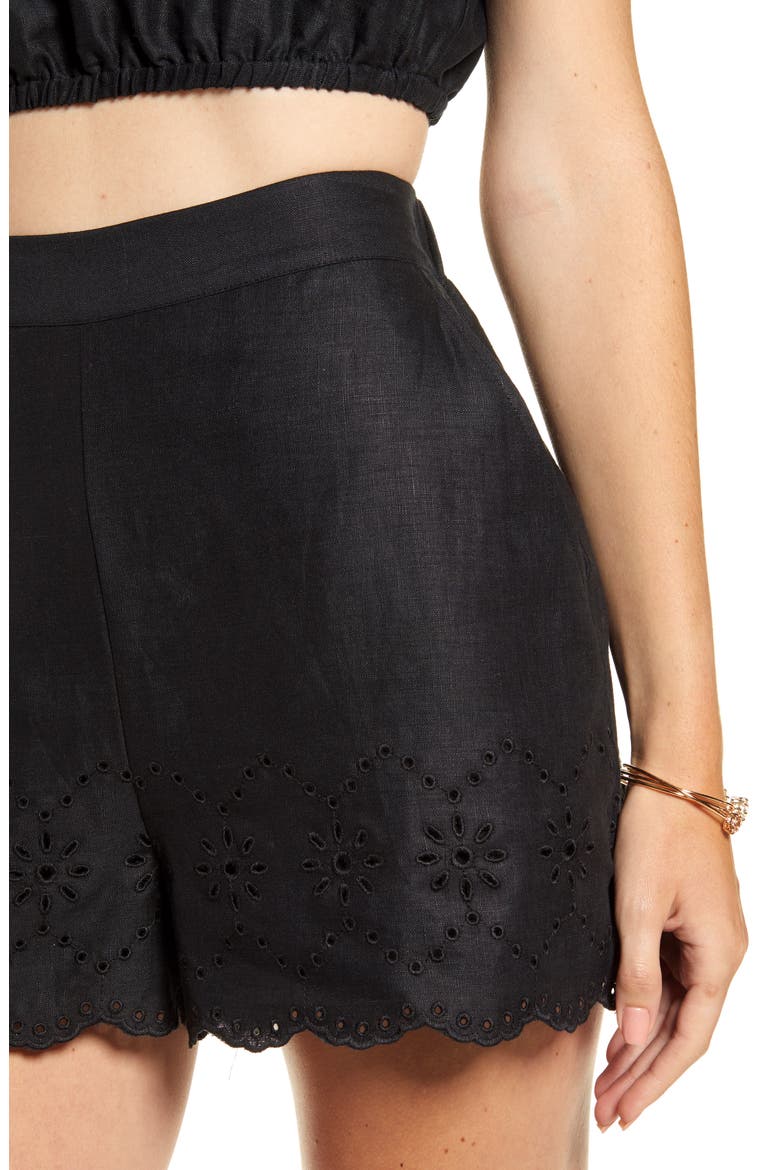 Eyelet Linen Shorts, Alternate, color, BLACK