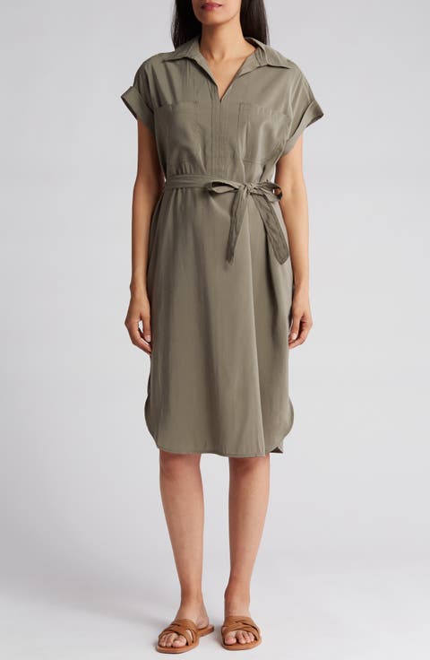 V-Neck Cuffed Sleeve Shirtdress