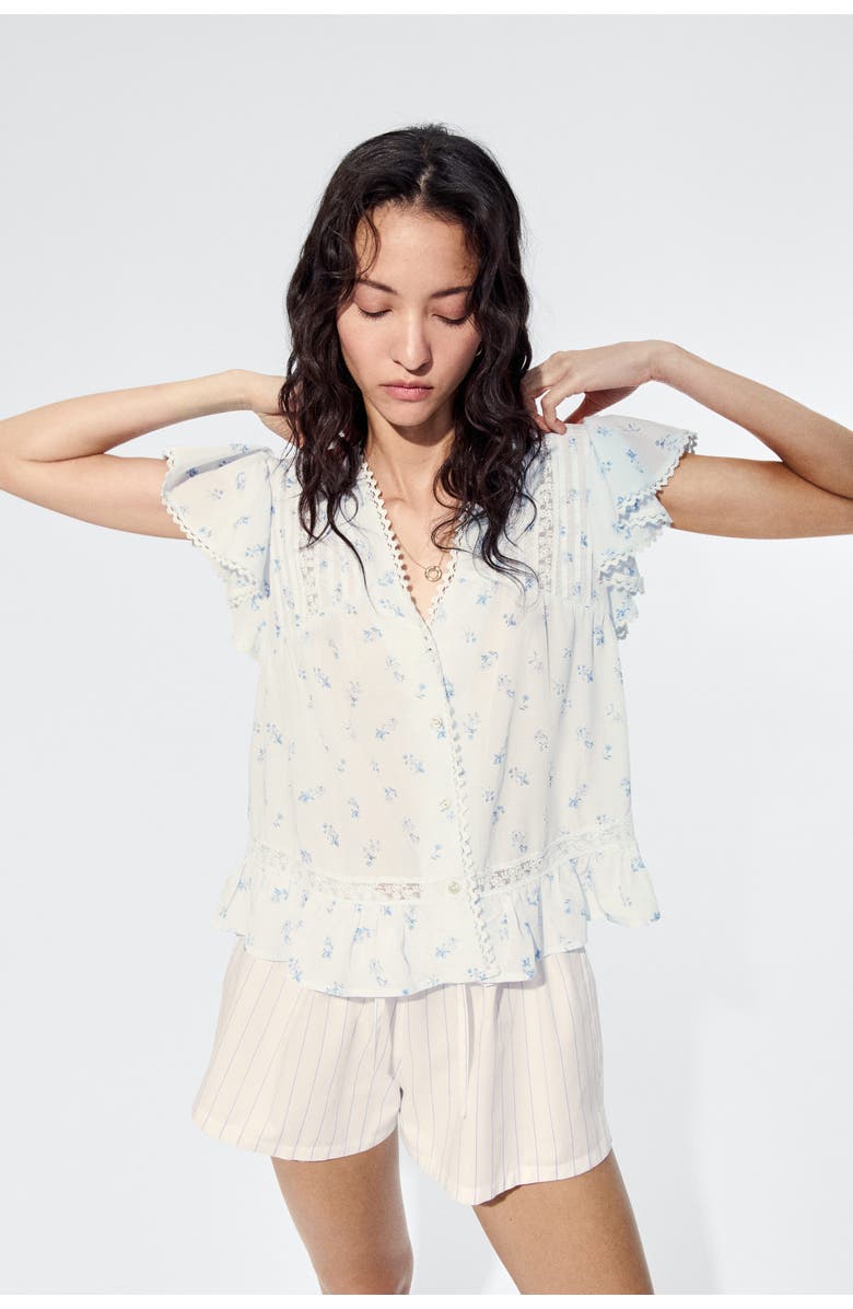 H&M Lace-inset blouse, Alternate, color, Light Blue/Floral