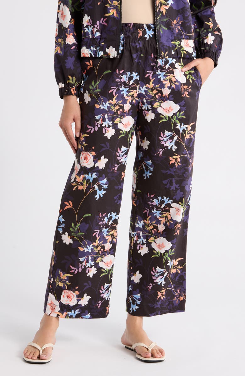 Nicole Miller Adley Floral Stretch Cotton Pull-On Pants, Main, color, Spring Black Print