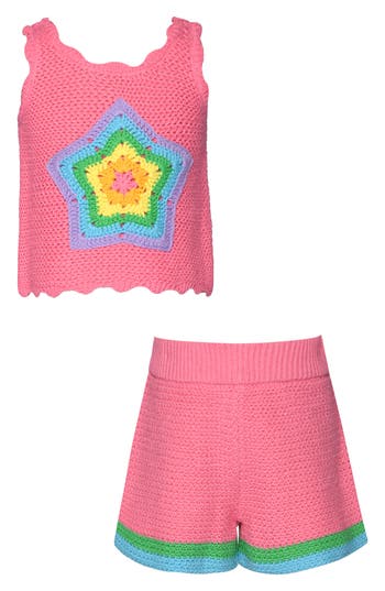 Sara Sara Kids' Woven Star Tank & Shorts Set In Pink Multi